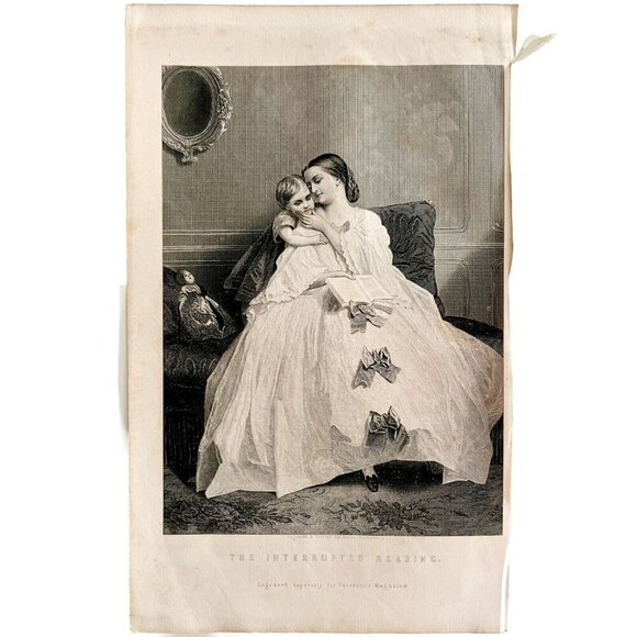 Interrupted Reading Steel Engraving 1859 Victorian Mother Child Doll Art DWY5E - Picture 2 of 2